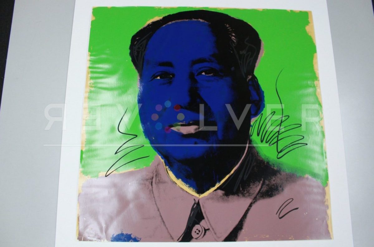 Andy Warhol Mao 90 screenprint out of frame laying on a table.