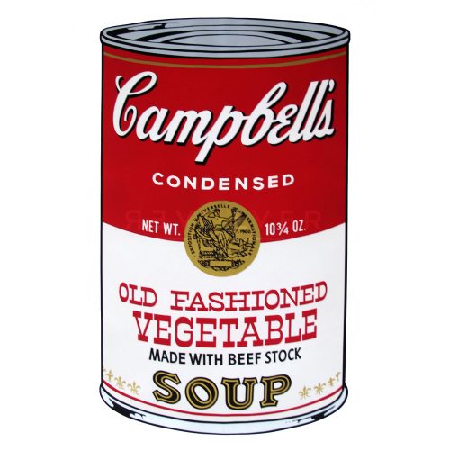 Campbell's Soup Cans II: Old Fashioned Vegetable 54 by Andy Warhol from 1969. Red and white can labeled Old Fashioned Vegetable with the golden Campbell's seal.