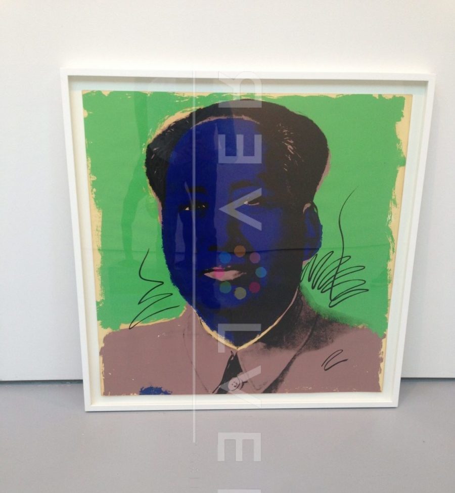 Andy Warhol Mao 90 screenprint framed and sitting against the wall.