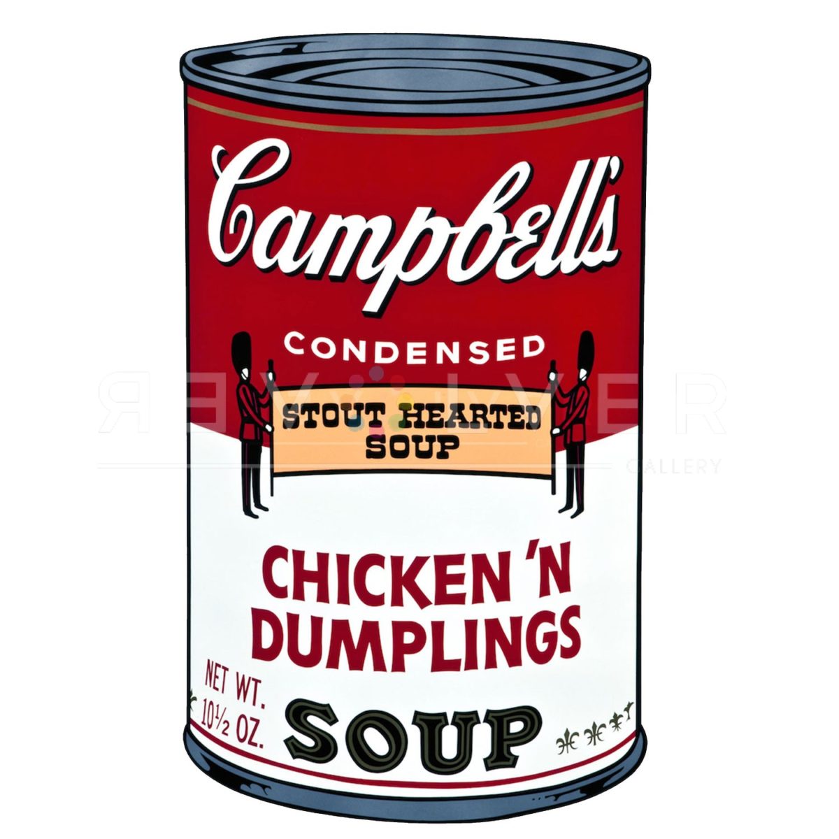 Campbell's Soup Cans II: Chicken 'N Dumplings print by Andy Warhol from 1969. Red and white soup can with two british guards holding a banner saying "stour hearted soup."