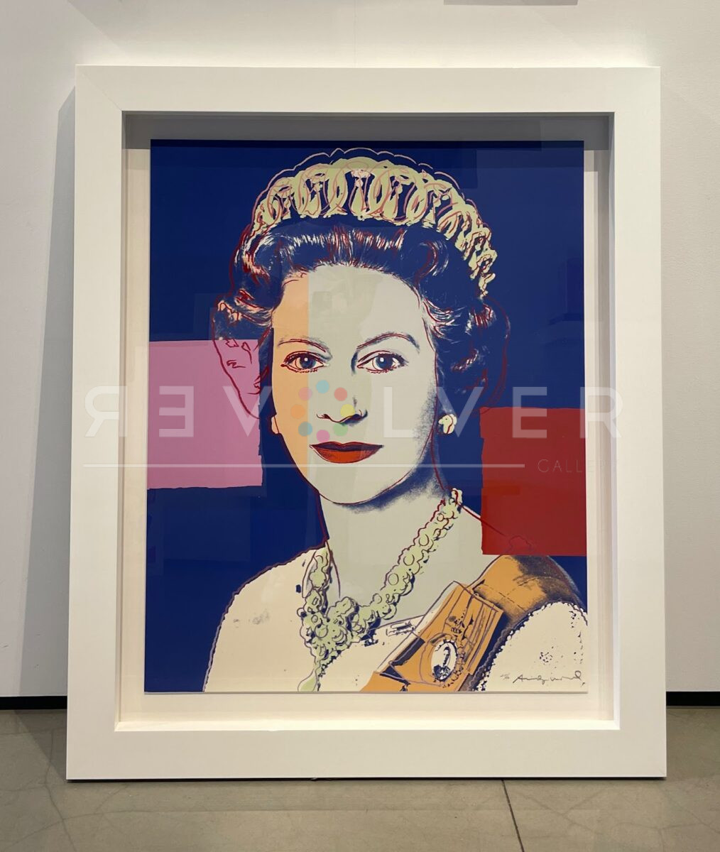 Andy Warhol's Queen Elizabeth II 337 (Blue Queen) in frame inside the gallery.