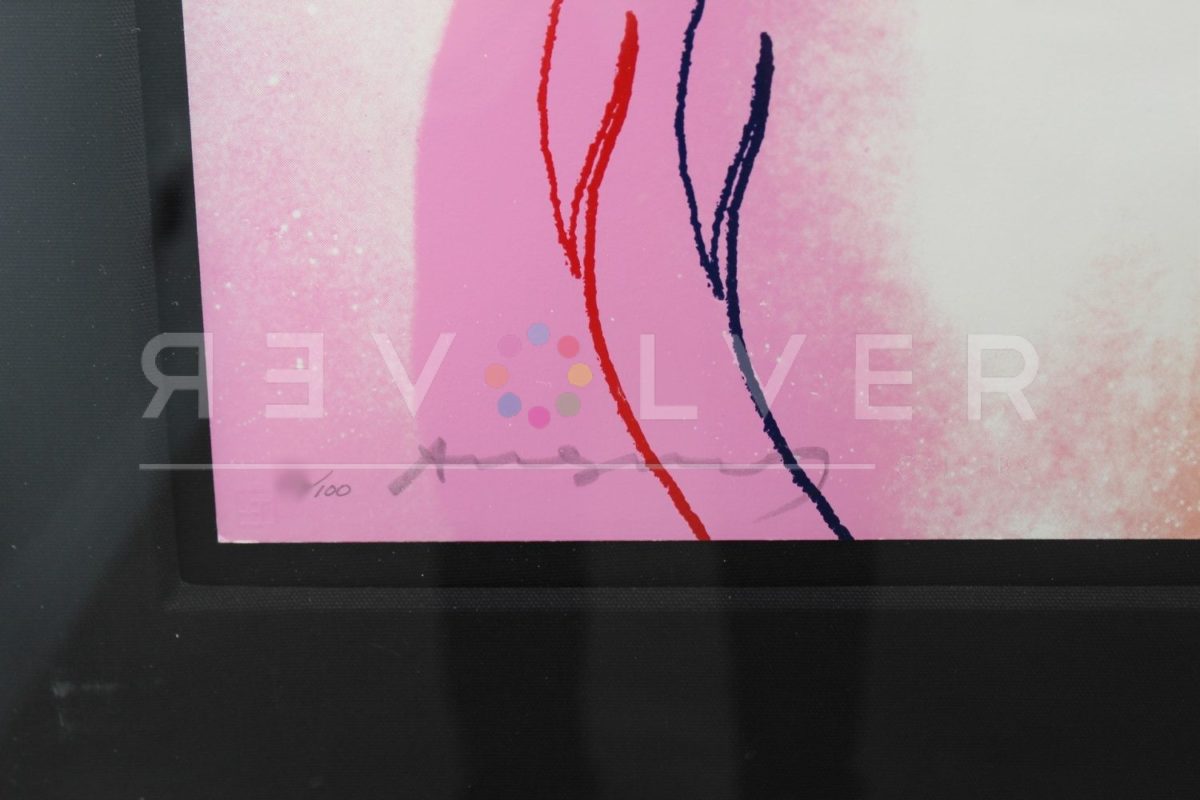Close up of Andy Warhol's signature in felt pen at the bottom of the Love 312 screenprint.