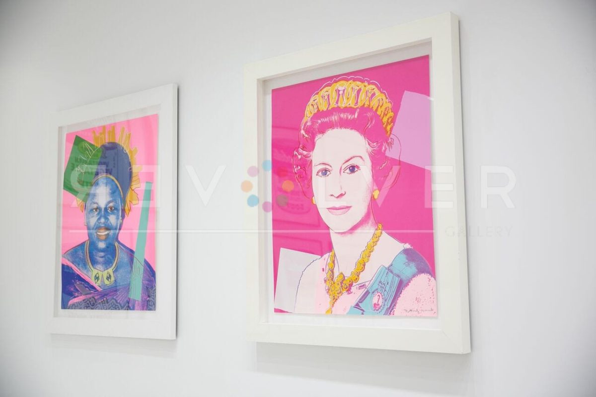 Andy Warhol Queen Elizabeth II 336 screenprint framed and hanging on the wall.