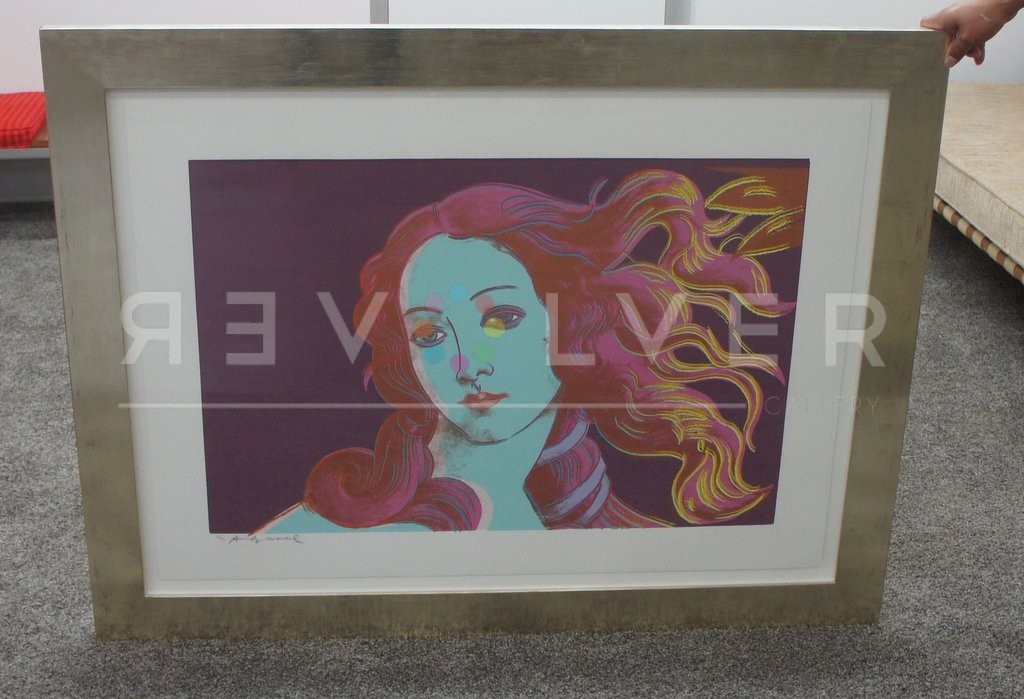 Andy Warhol Birth of Venus 317 screenprint inside a frame being held up on the ground.