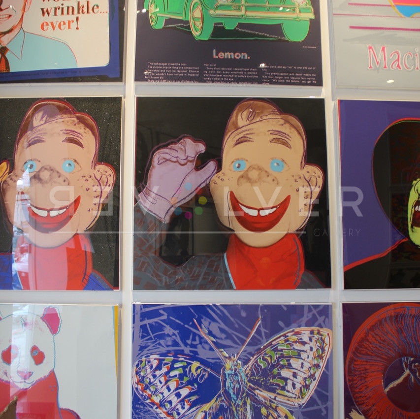The Howdy Doody Trial Proof by Andy Warhol framed on the gallery wall.
