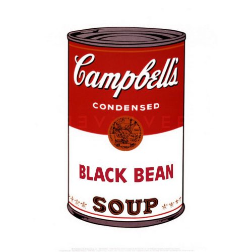 Campbell's Soup Cans I: Black Bean 44 by Andy Warhol from 1968. Red and white soup can labeled "Black Bean."