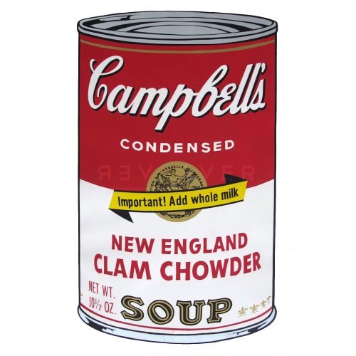 One of Ten Campbell's Soup Cans by Andy Warhol from 1969. Red and white can labeled New England Clam Chowder with a banner reading "Important! Add whole milk" ontop of Campbell's golden seal.