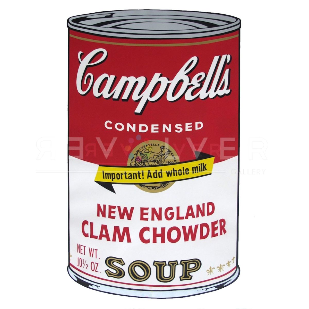 One of Ten Campbell's Soup Cans by Andy Warhol from 1969. Red and white can labeled New England Clam Chowder with a banner reading "Important! Add whole milk" ontop of Campbell's golden seal.