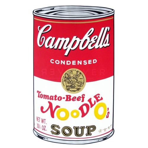 One of Ten Campbell's Soup Cans II by Andy Warhol from 1969. Red and white can labeled Tomato-Beef Noodle O's Soup."