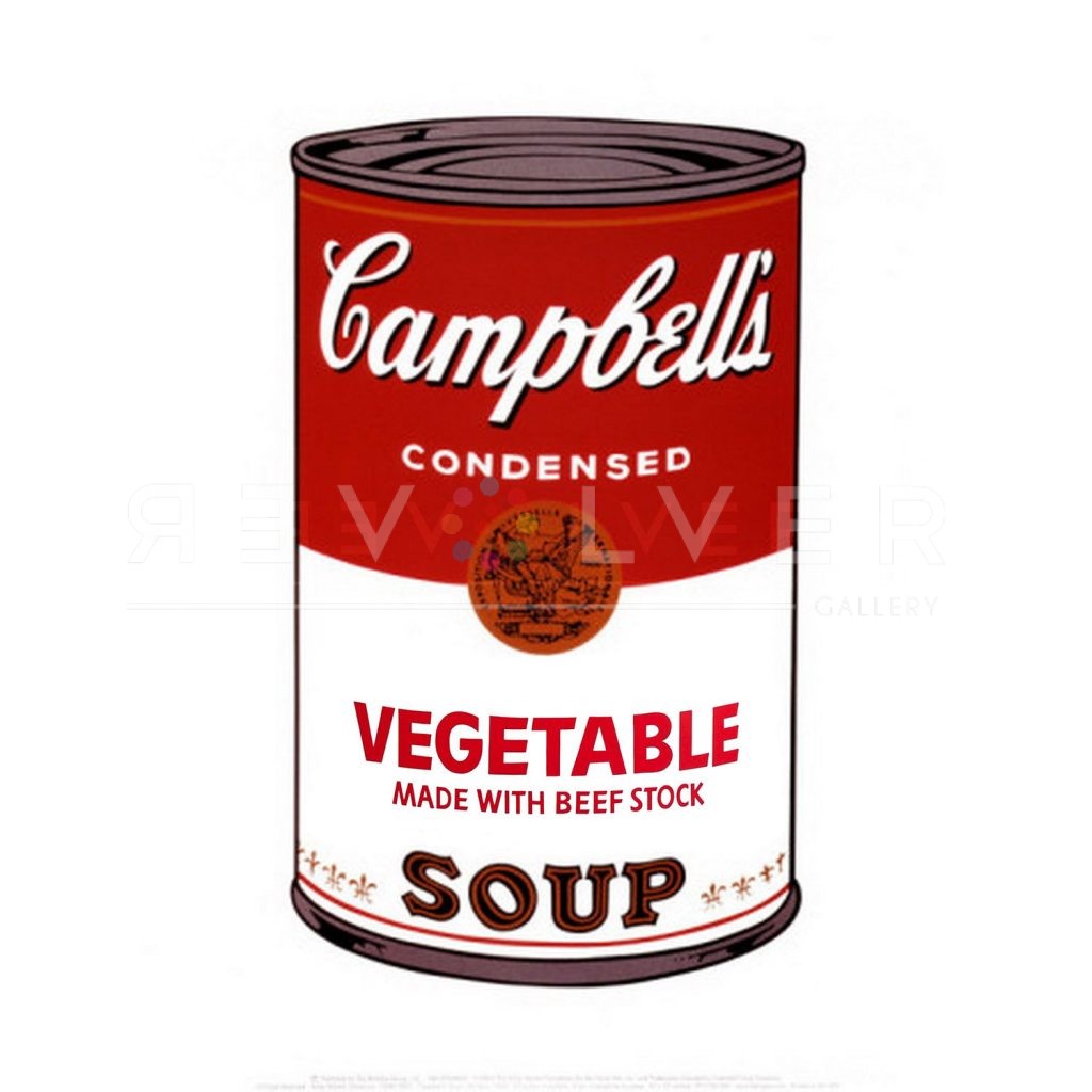 One of Ten Campbell's Soup Cans by Andy Warhol from 1968. Red and white soup can labeled "Vegetable. Made with Beef Stock"