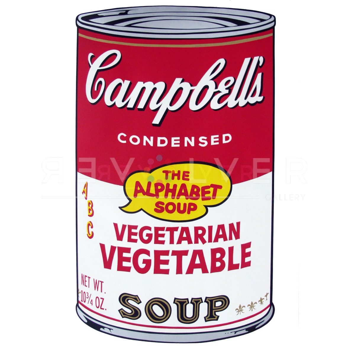 One of Ten Campbell's Soup Cans by Andy Warhol from 1969. Red and white can labeled Vegetarian Vegetable with "the Alphabet Soup" in a though bubble ontop of the golden seal.
