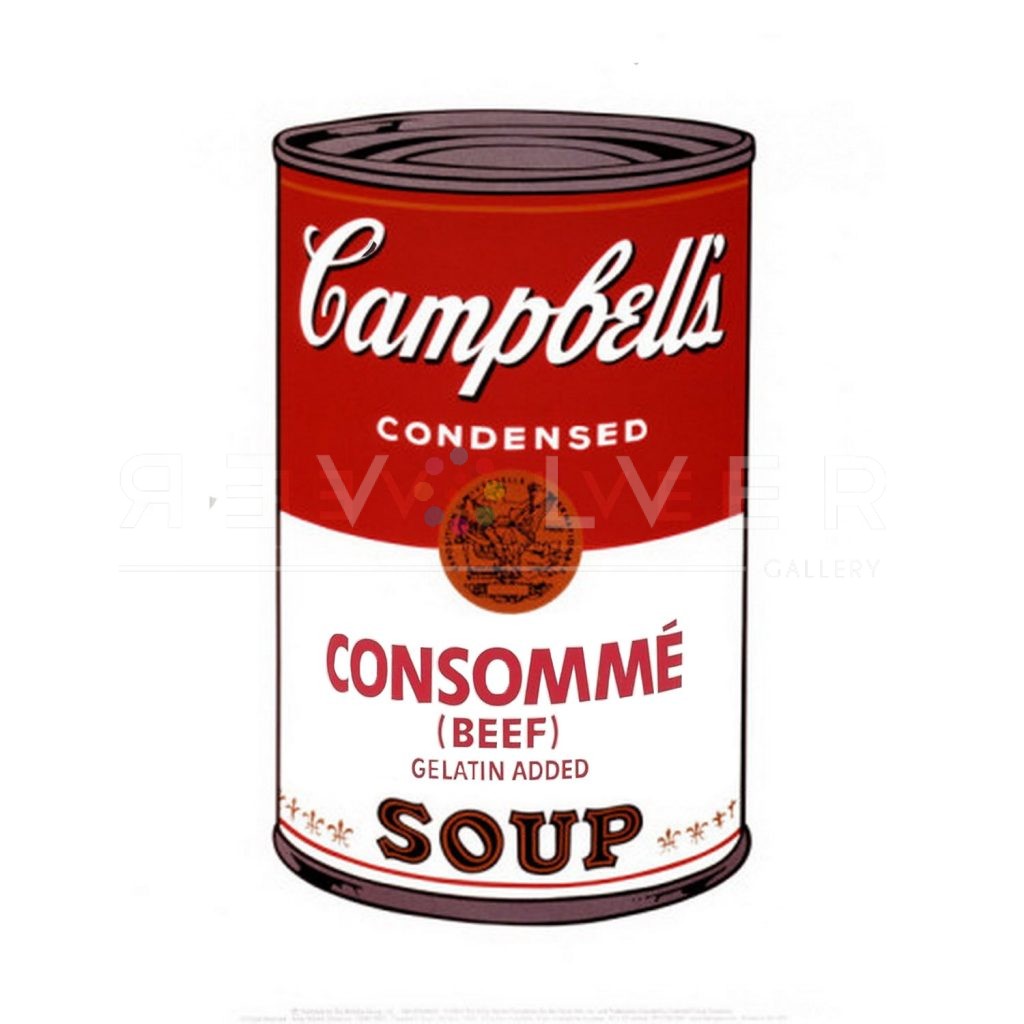 One of Ten Campbell's Soup Cans by Andy Warhol from 1968. Red and white soup can labeled "Consomme (BEEF). Gelatin Added."