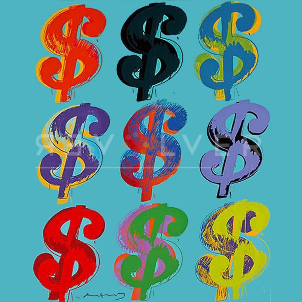 Dollar Sign (9) 286 by Andy Warhol, stock image. 9 dollar signs on blue background.