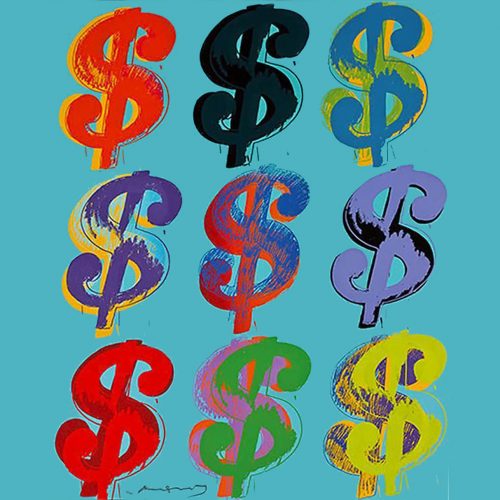 Dollar Sign (9) 286 by Andy Warhol, stock image. 9 dollar signs on blue background.