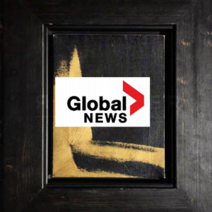 Picture of Global News Canada’s Largest Warhol Exhibit in Toronto, 2015, black, yellow, white, red, in frame.