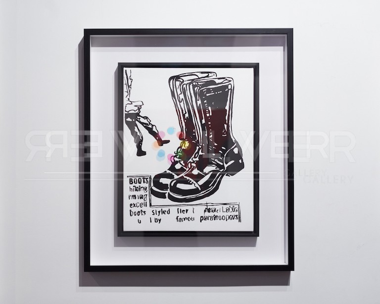 Andy Warhol Paratrooper Boots (Positive) screenprint framed and hanging on the gallery wall.