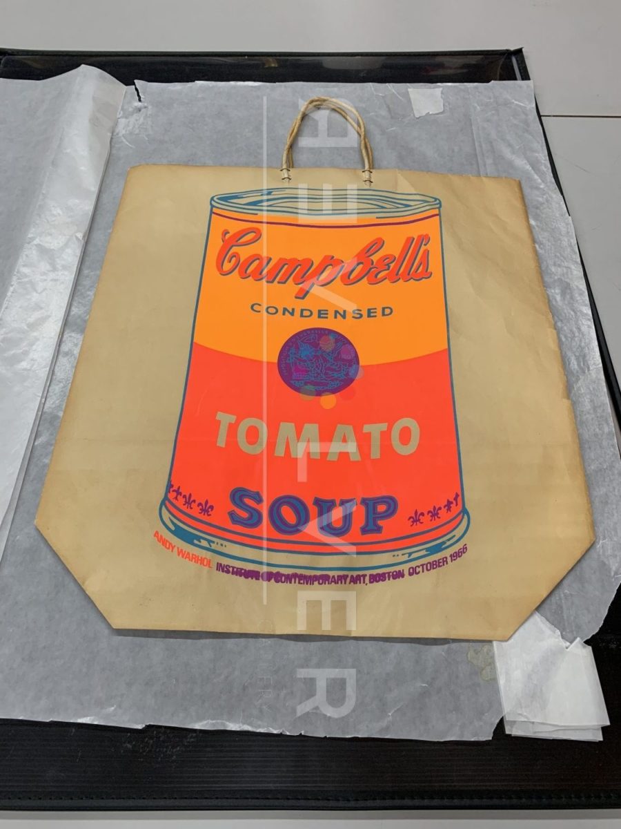 Andy Warhol Campbell's Soup Can (Tomato) 4A printed on a shopping bag. Stock image with Revolver Gallery watermark.