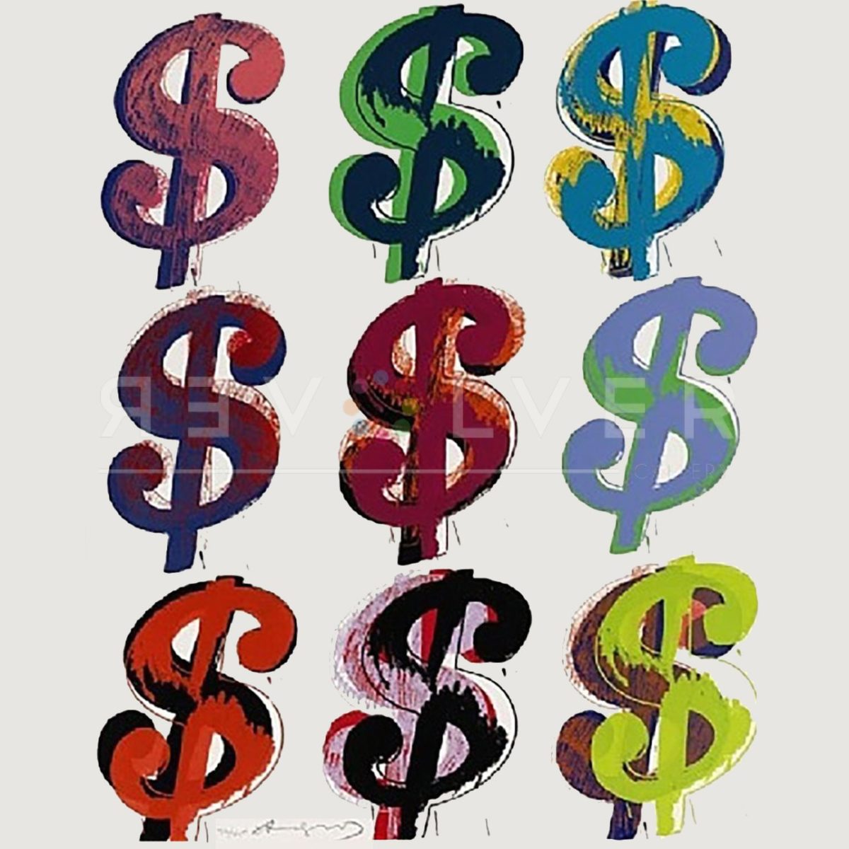 Dollar Sign (9) 286 by Andy Warhol. 9 Dollar Signs on white background.