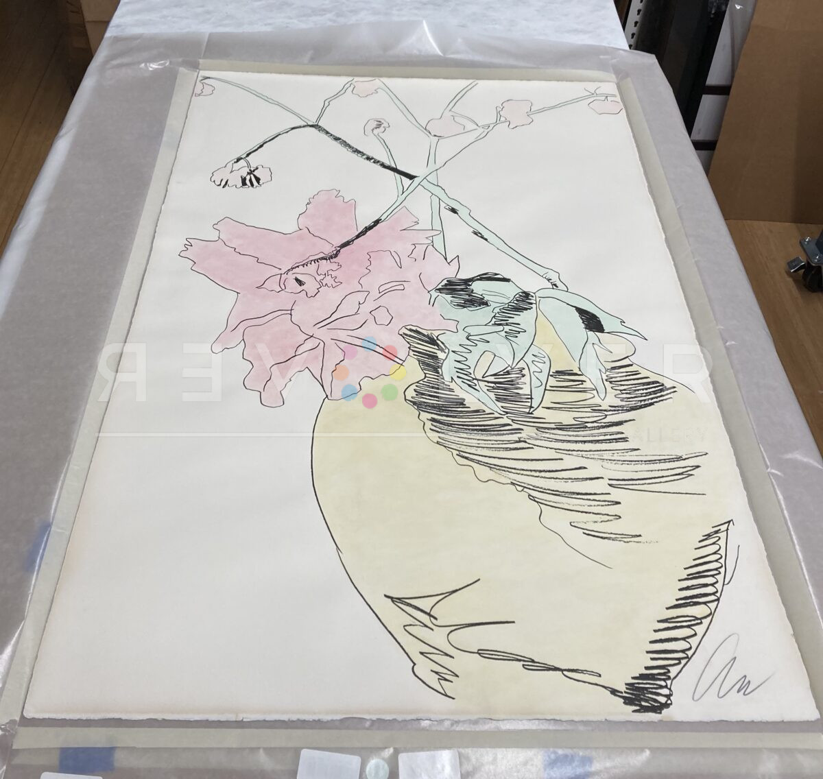 The hand colored Flowers 119 screen print out of frame