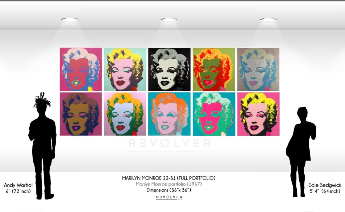 Size comparison image showing the size of the Marilyn prints relative to Andy Warhol and Edie Sedgwick's height.