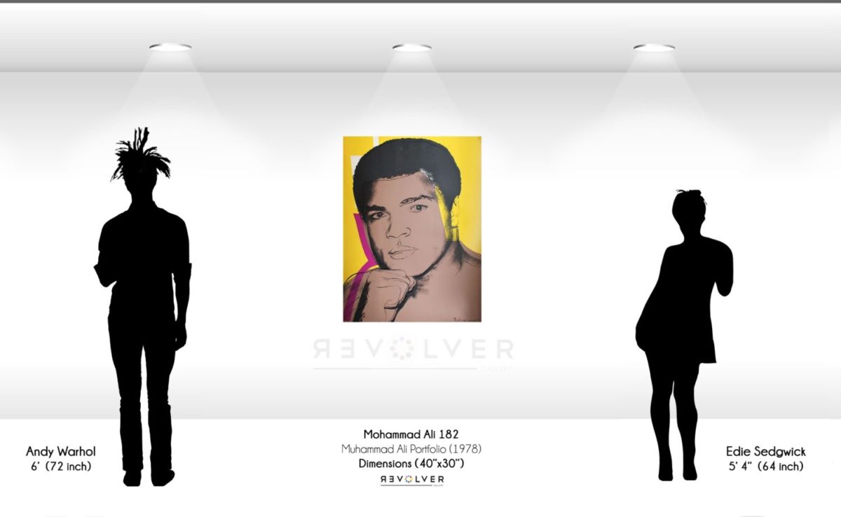 Size comparison image showing the relative size of the Muhammad Ali 182 print compared to Andy Warhol and Edie Sedgewick.