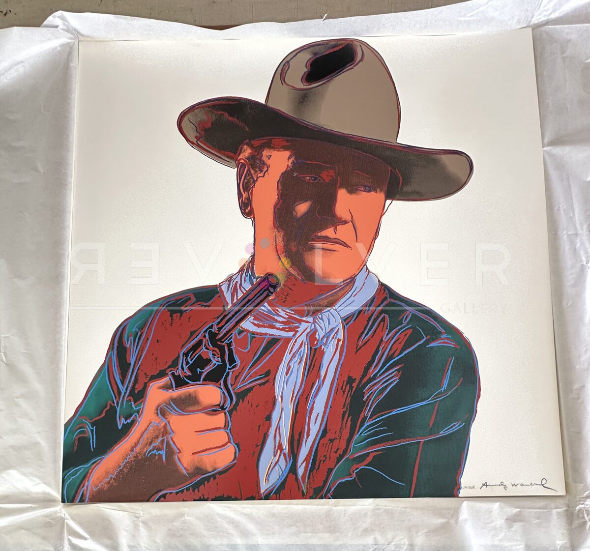 John Wayne (Unique) by Andy Warhol outside of a frame