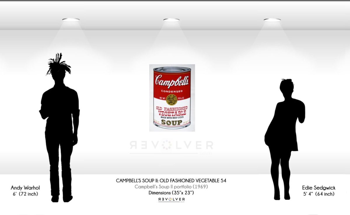 Size comparison image and wall display for Campbell's Soup Cans II: old fashioned vegetable 54 by Andy Warhol.