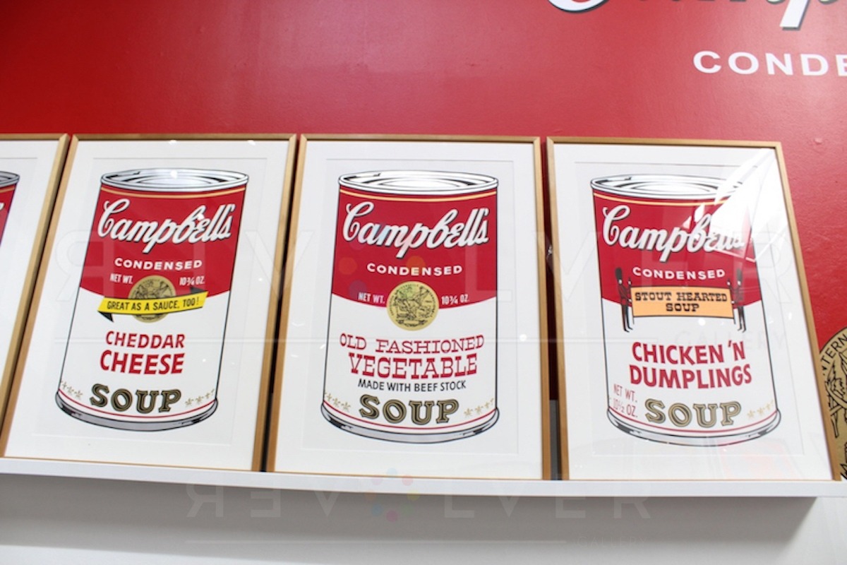 Campbell's Soup Cans II: Old Fashioned Vegetable 54 screen print on the wall with other soup can prints.