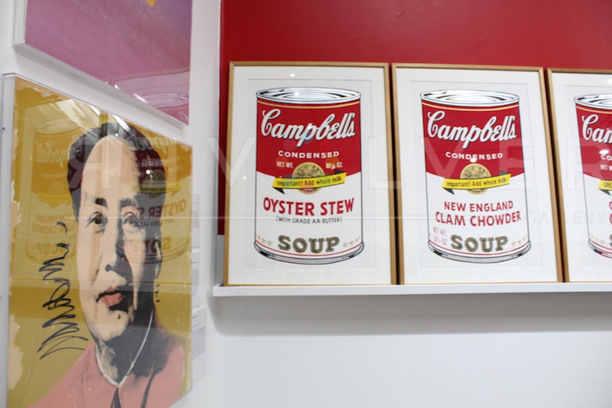 Campbell's Soup Cans II: Oyster Stew on the wall next to Mao and other soup cans.