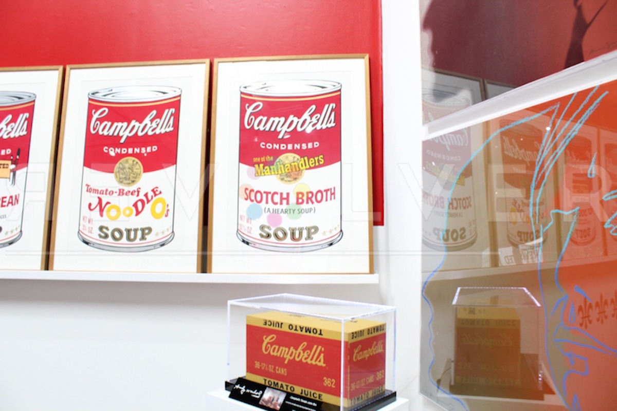 Campbell's Soup Cans II: tomato beef noodle o's 61 print framed and hanging on the wall by other soup cans.