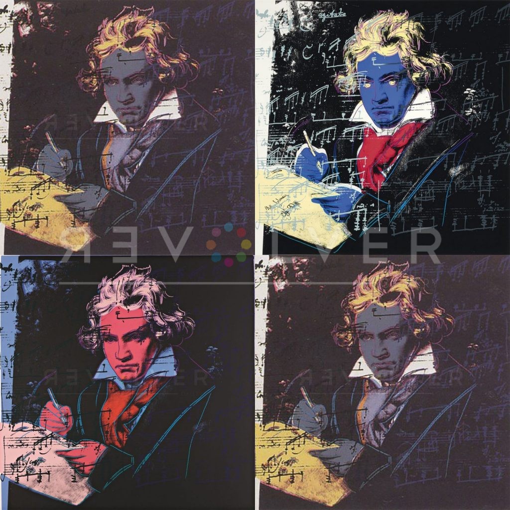 Andy Warhol Beethoven complete portfolio, showing four prints of Beethoven with the Revolver gallery watermark.