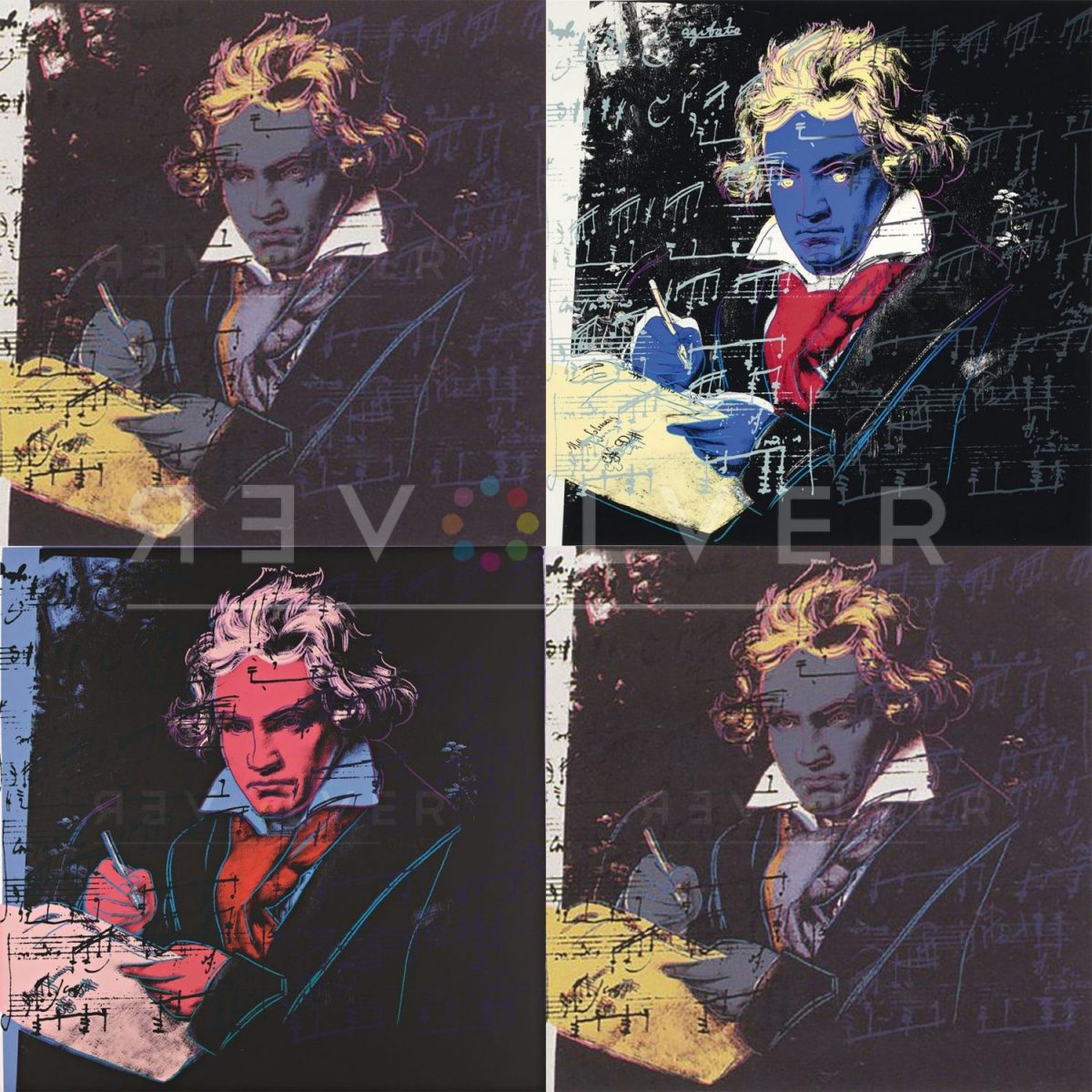 Andy Warhol Beethoven complete portfolio, showing four prints of Beethoven with the Revolver gallery watermark.