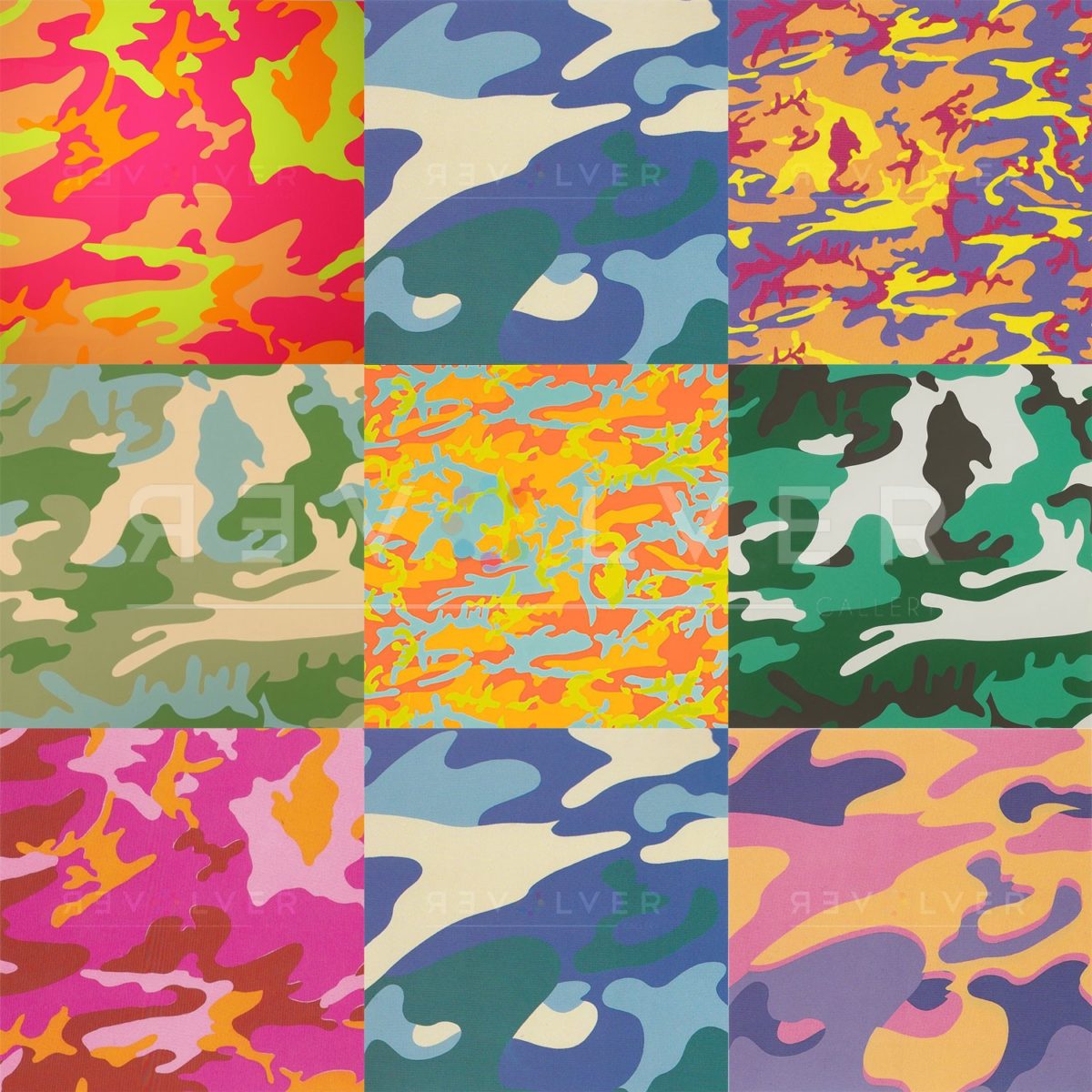 Andy Warhol Camouflage complete portfolio. Grid image showing every screenprint from the series.