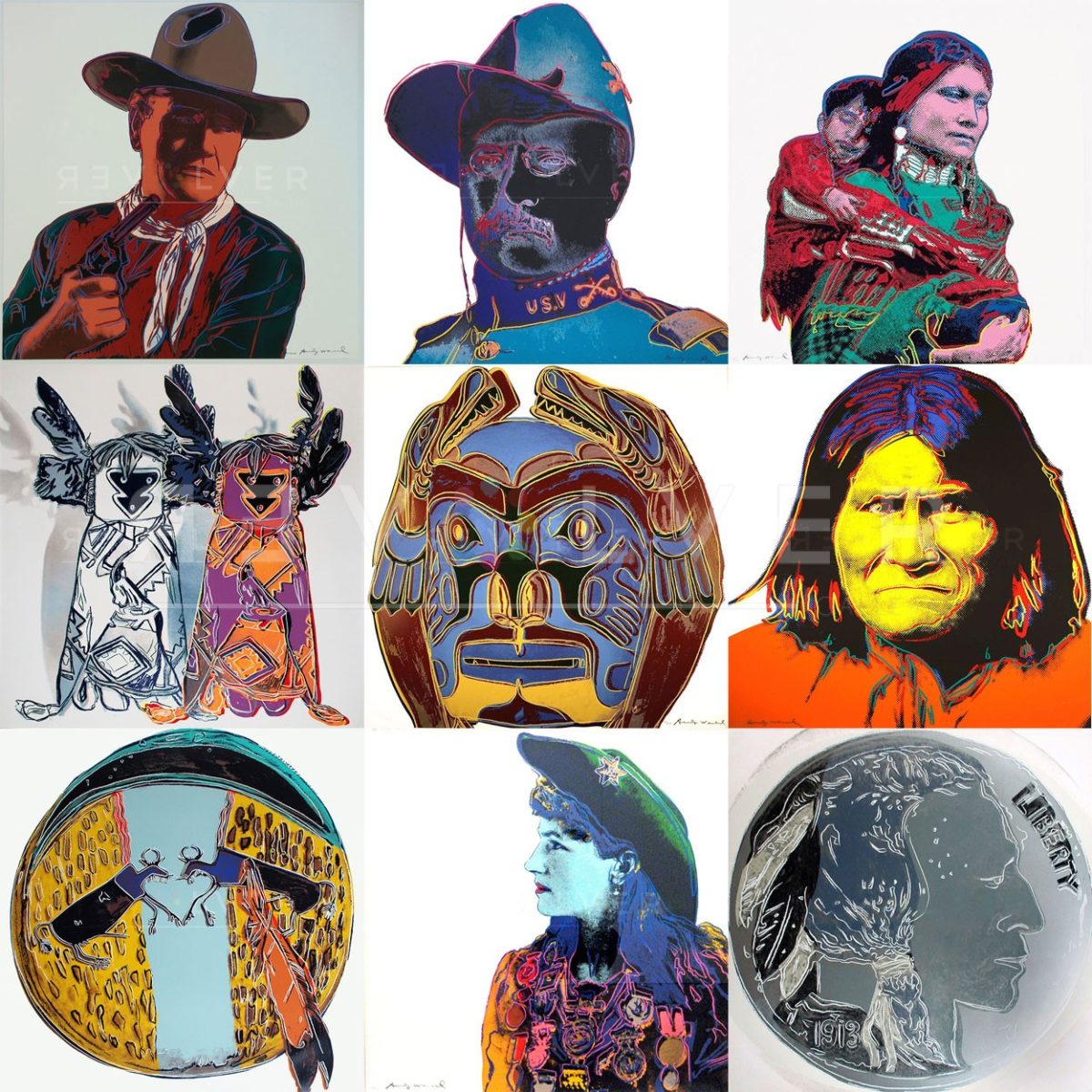 Nine prints from Andy Warhol Cowboys and Indians complete portfolio. The featured image for the portfolio on the website.