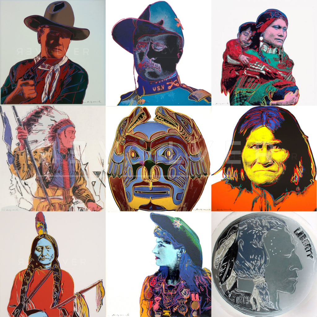 Andy Warhol Cowboys and Indians complete portfolio. Grid image previewing nine prints from the series.