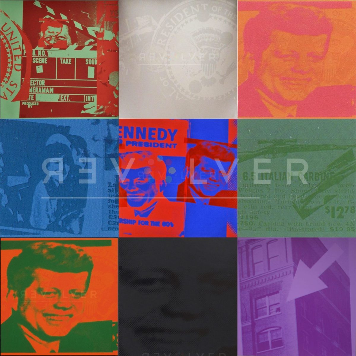 Nine prints from Andy Warhol's Flash series in a 3x3 grid previewing the full series.