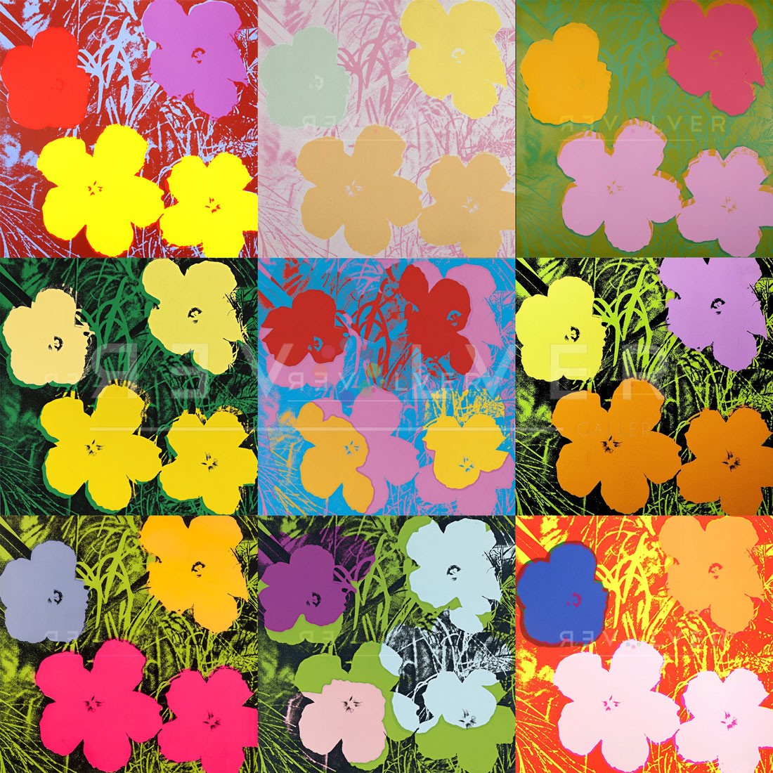 Andy Warhol Flowers complete portfolio image showing nine prints with Revolver Gallery watermark.