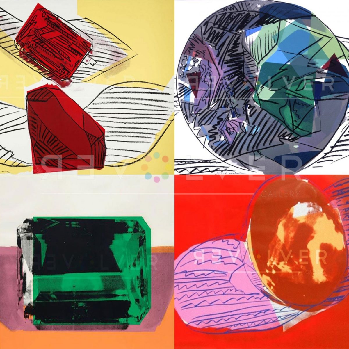 Andy Warhol Gems. Four screenprints from the Gems portfolio with the Revolver Gallery watermark.