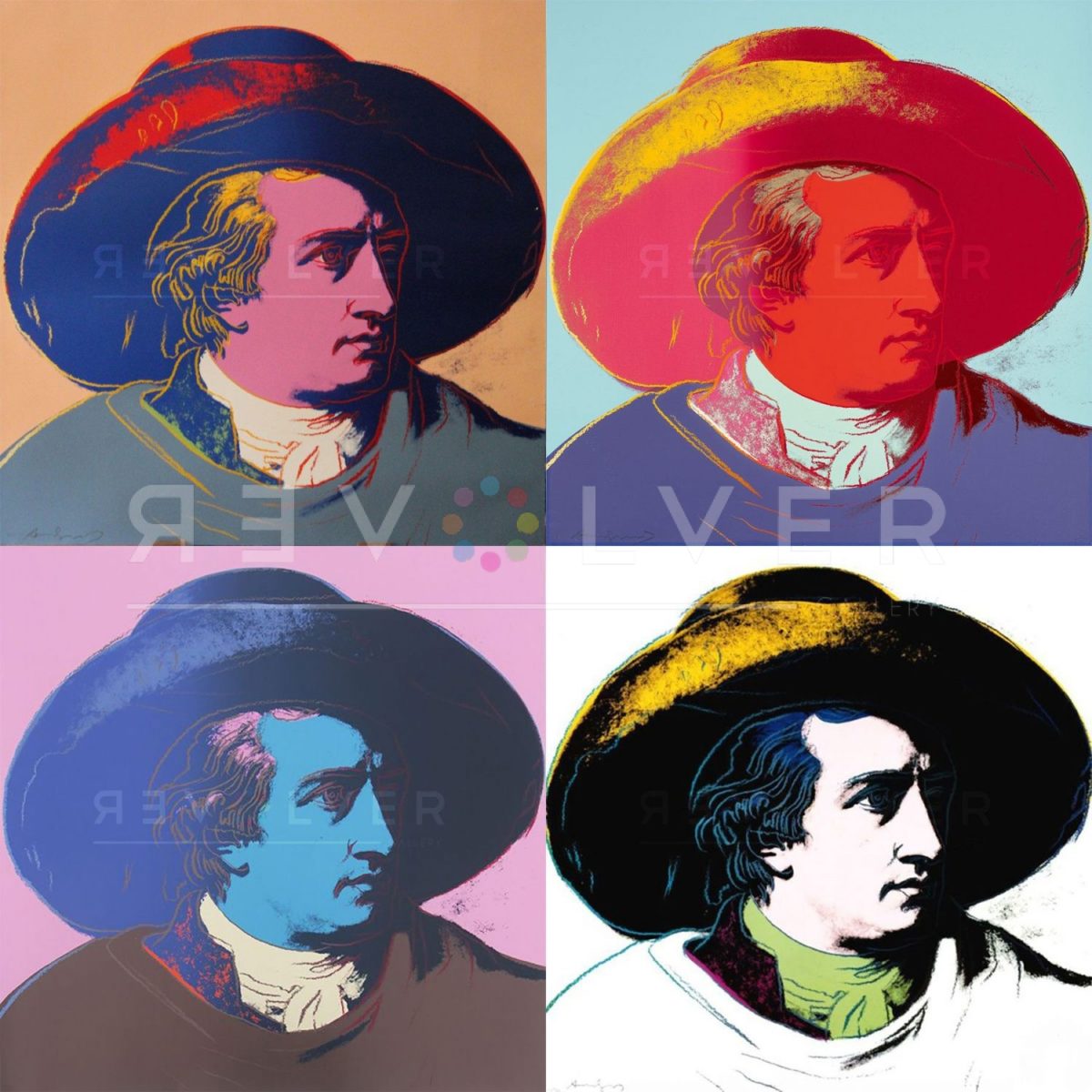 Andy Warhol Goethe complete portfolio, 2x2 grid showing four Goethe prints with the Revolver gallery watermark.