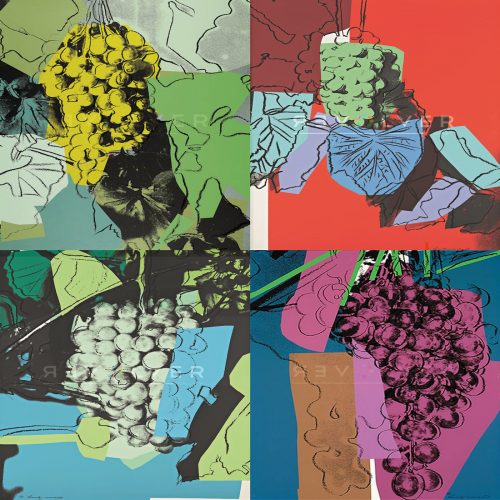 Andy Warhol grapes complete portfolio, showing 4 screenprints with Revolver Gallery watermark.
