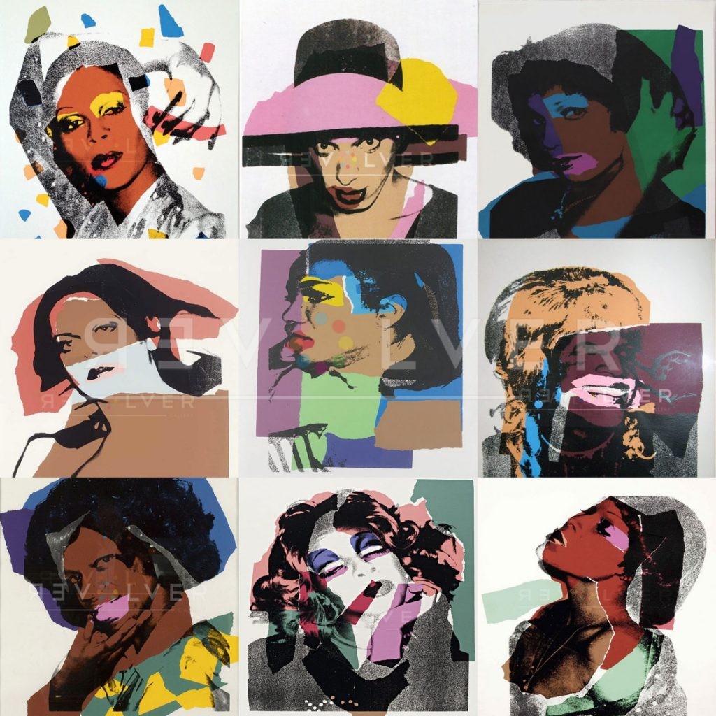 Andy Warhol Ladies and Gentlemen Complete Portfolio image showing 9 screenprints with the Revolver Gallery watermark.