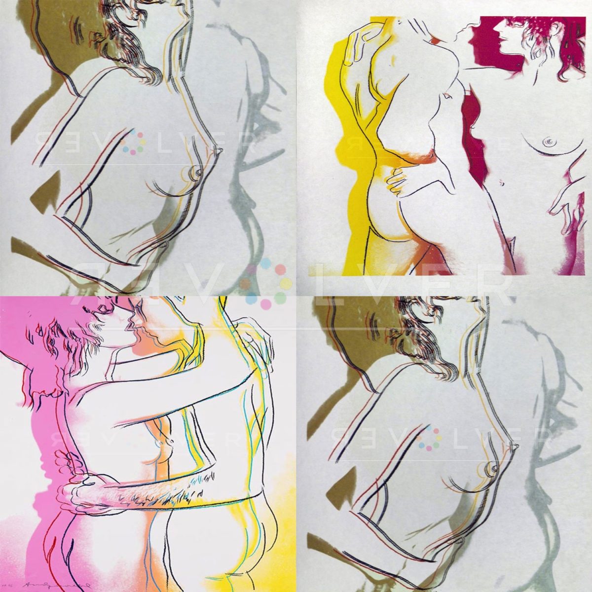 Andy Warhol Love complete portfolio image, showing all 3 screenprints with Revolver watermark.