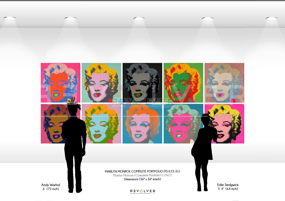 Size comparison image showing the size of the Marilyn Monroe Complete Portfolio relative to the height of Warhol and Edie Sedgwick.