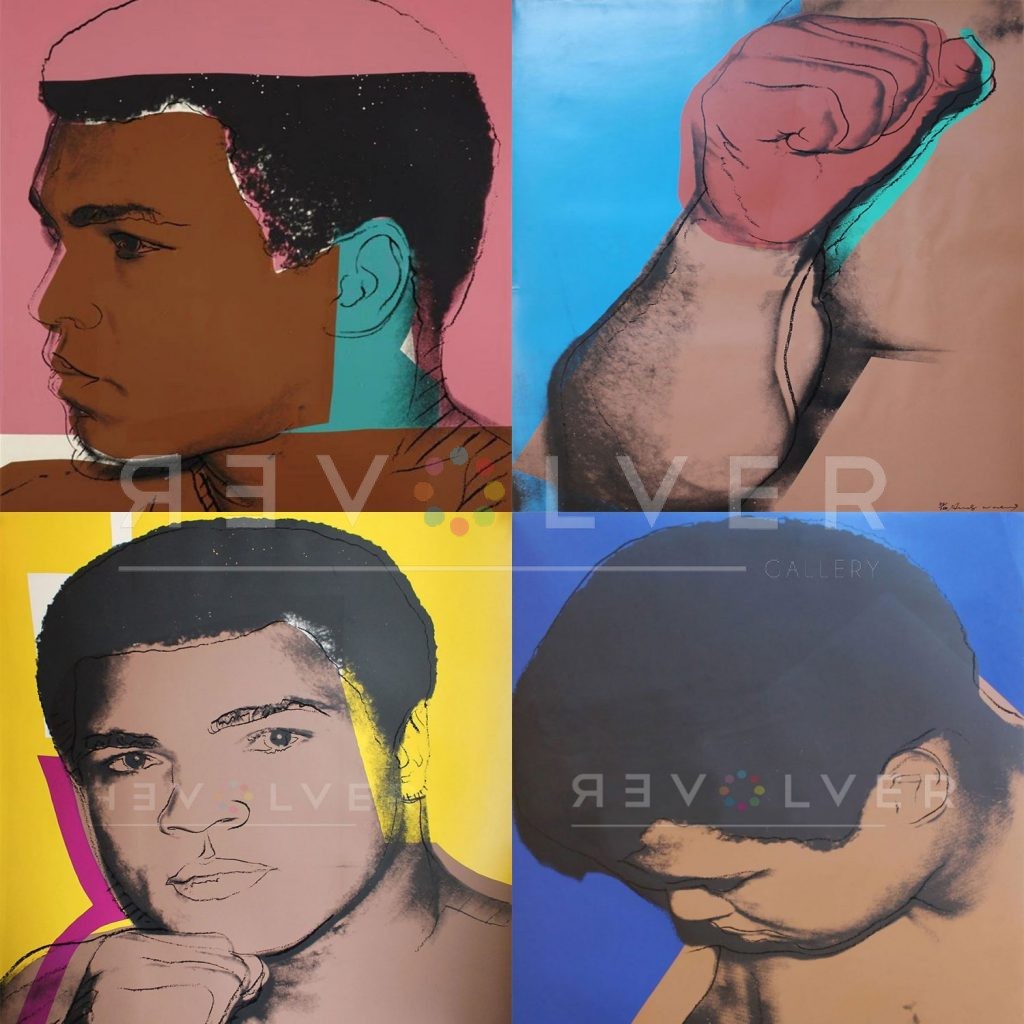 Andy Warhol Muhammad Ali complete Portfolio, all four prints in a grid with Revolver gallery watermark.
