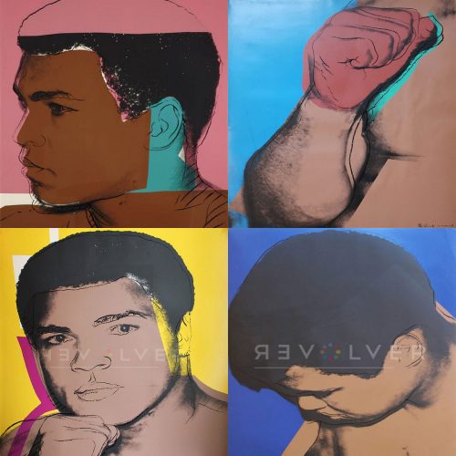 Andy Warhol Muhammad Ali complete Portfolio, all four prints in a grid with Revolver gallery watermark.