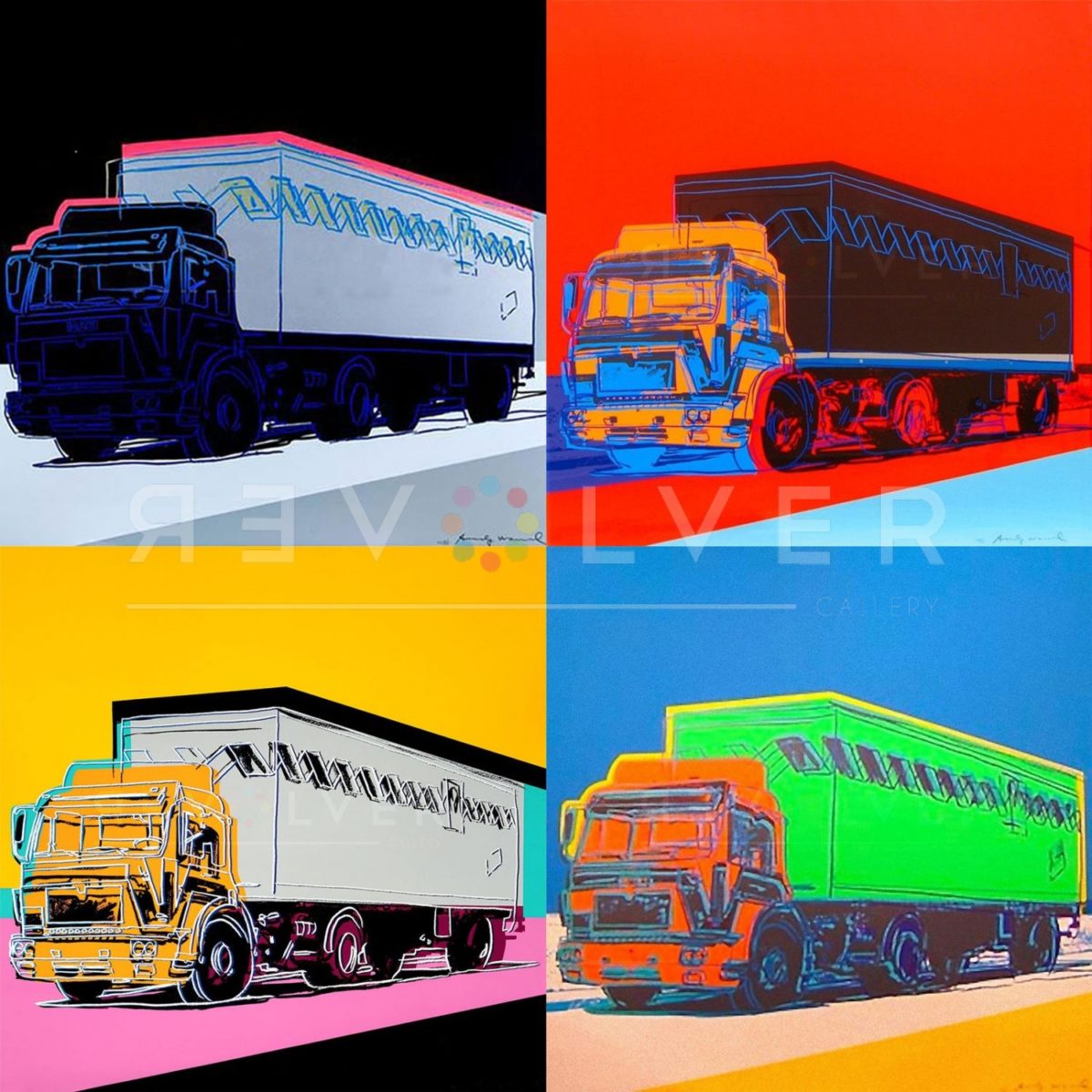 Andy Warhol Truck complete portfolio, all four prints in a grid with the revolver gallery watermark.