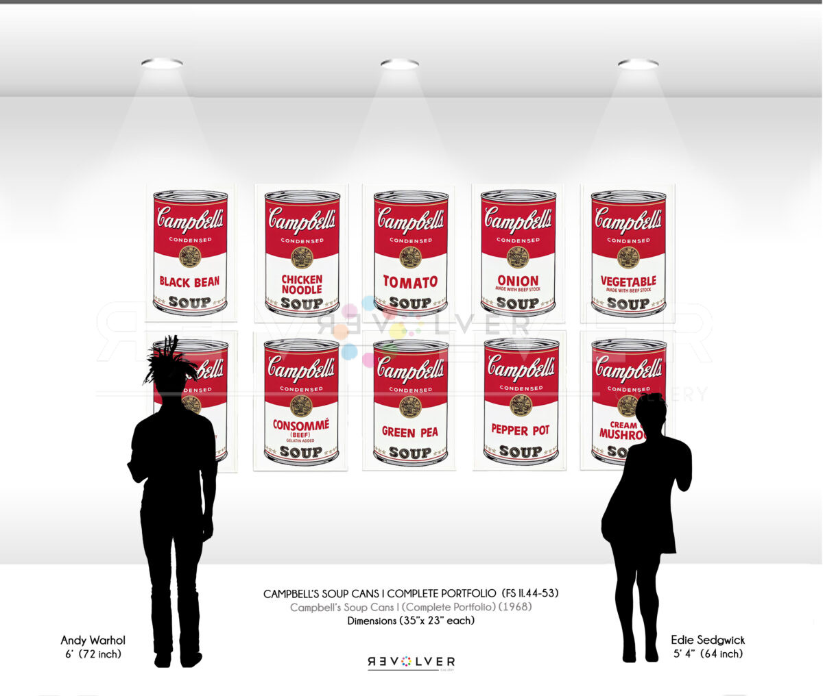 Size comparison image showing the size of the Campbell's Soup Cans I Complete Portfolio relative to the height of Warhol and Edie Sedgwick.