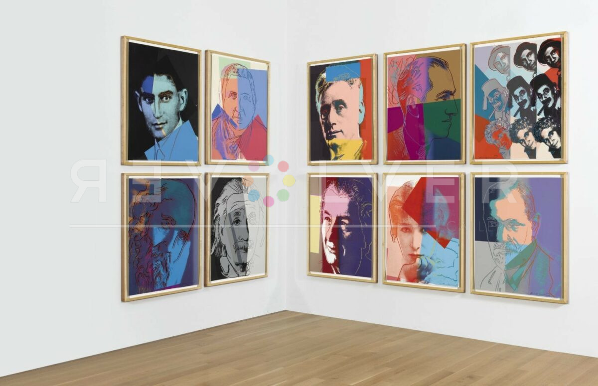 Andy Warhol Ten portraits of famous jews hanging on gallery wall.