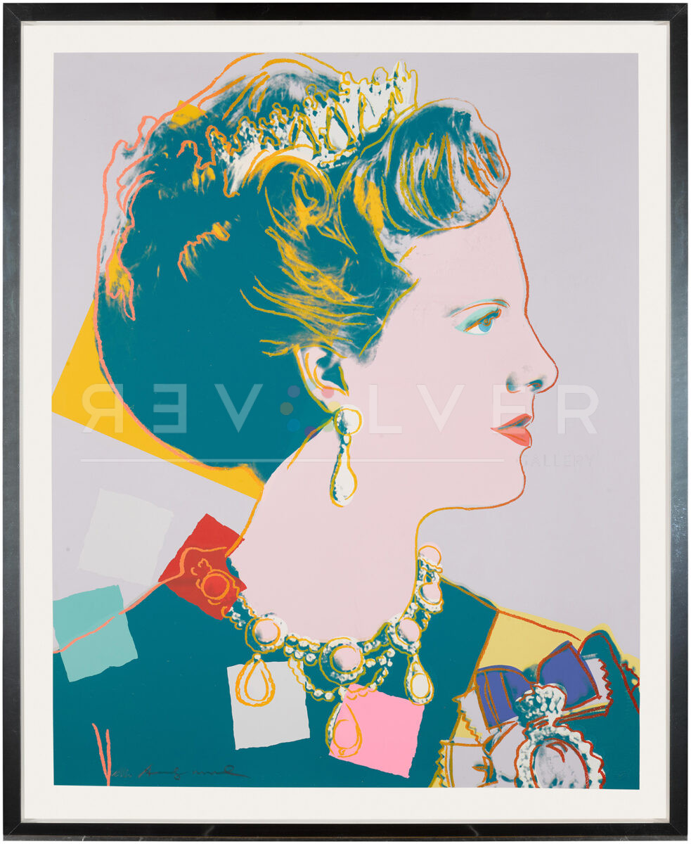 Queen Margrethe II 342 (Royal Edition) by Andy Warhol in a frame