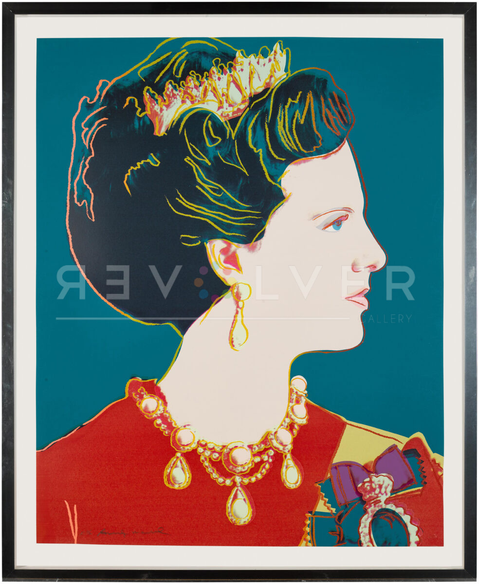 Queen Margrethe II 343 (Royal Edition) by Andy Warhol in a frame